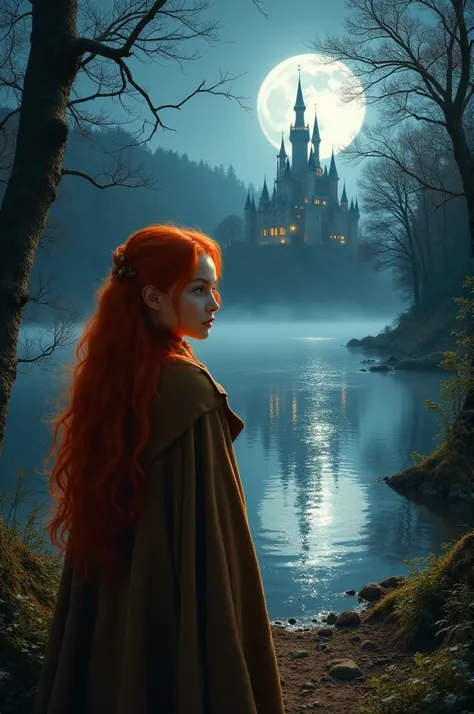 create an image of a red haired girl, Brown Cover, In the forest at night, and a shining castle beyond a lake