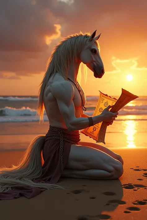 A hybrid creature of man and horse learning to manipulate the 4 elements of nature through a scroll at dusk in the desert of a beach