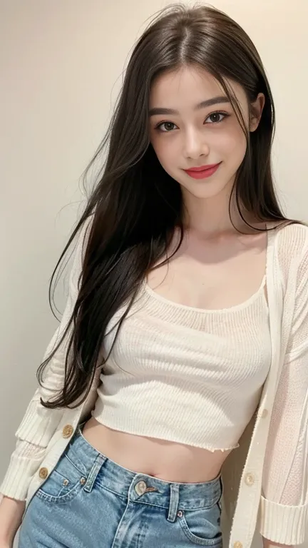 Amazing portrait of a sexy woman wearing her long straight luscious black hair, seductively gazing and smiling, soft lips, parted, blushing intensely, smiling, white t shirt, grey cardigan, baggy jeans, medium chest, perfect body