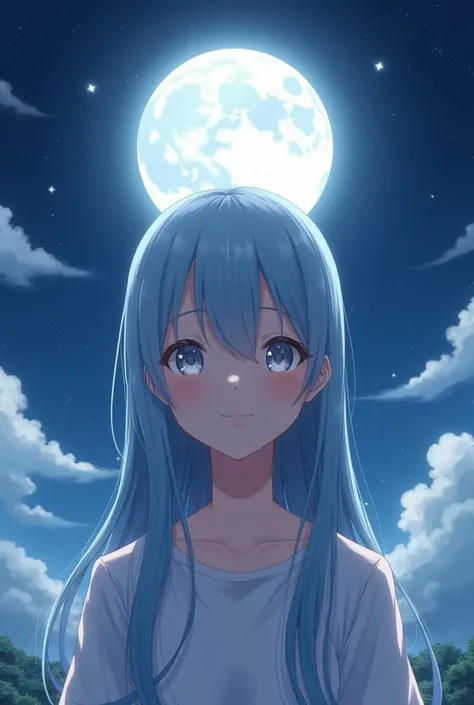 A realistic image of a girl with light blue, straight long hair, gray eyes, a cheerful face, facing forward, a moonlit night in the background, and bangs that are blunt.