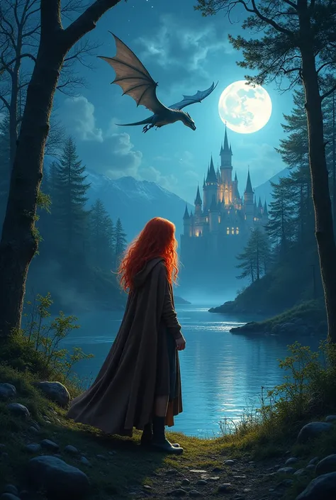 create an image of a red haired girl, Brown Cover, In the forest at night, and a shining castle after a lake and a dragon 