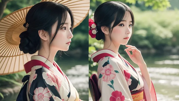 Realistic photos, Gentle eyes, Sad expression, Flowing black hair, Elegant kimono, Summer background, Calm expression, Soft lighting, Traditional Japanese art style, Vibrant colors, Peaceful atmosphere, Delicate features, Graceful posture