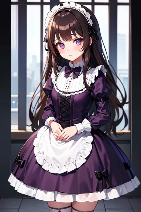 gothic lolita, cute, 1 girl, standing alone, Brown hair, purple dress, white bow, looking ahead at viewer 