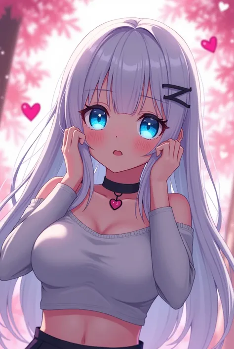 Cute yandere anime girl,,heart shaped pupils,,holding own face,,big breasts,,breathing heavily,,heavy smile,,glowing blue eyes,,long white hair,,wearing a crocktop,,black choker with a heart shaped 