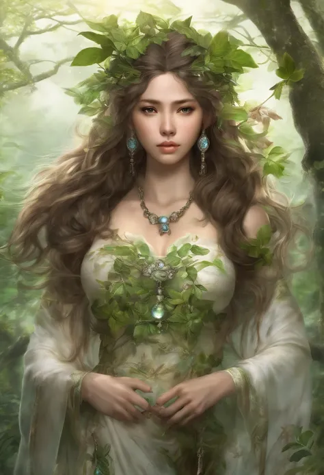 mala tree,beauty,slight,Benevolent World Tree Japanese Goddess Gaia,clear rules,Fairy ears,long flowing brown hair,Large Breasts,thin waist,Wearing a fluffy skirt with green leaves,lean on branches,