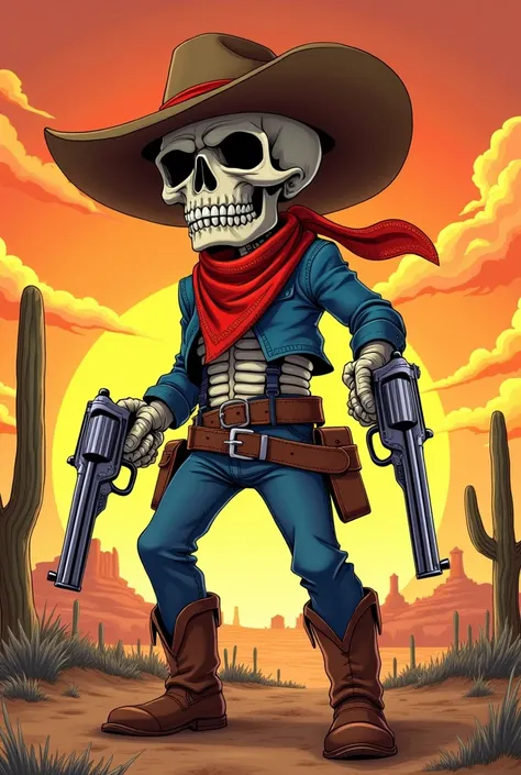 a skull dressed as a cowboy, carrying two revolvers,in 90s anime style 