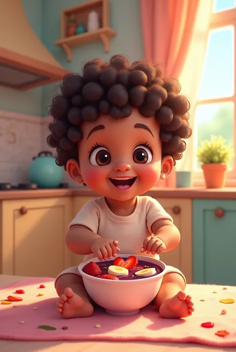 a 2 year old baby with well defined curly hair dark brown fair skin but not very dirty eating a bowl of acai in a cartoon in the style of the last one made