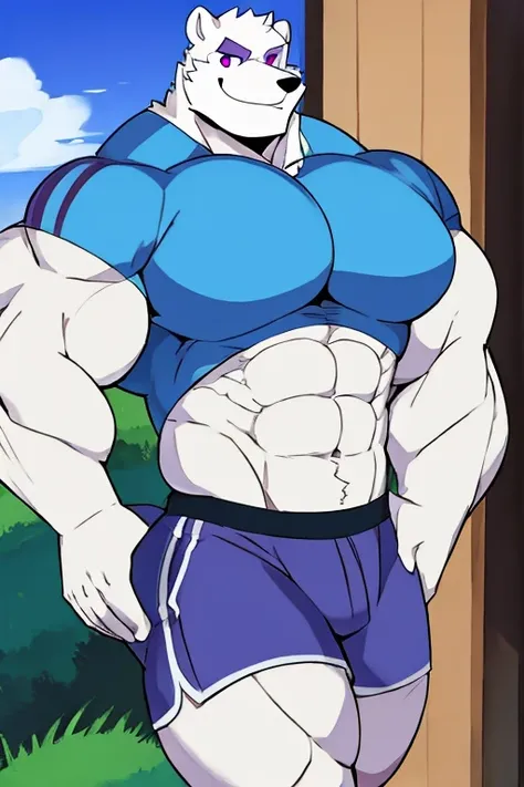 polar bone, muscular, purple eyes, with big pecs , shorts blancos , with a mischievous smile