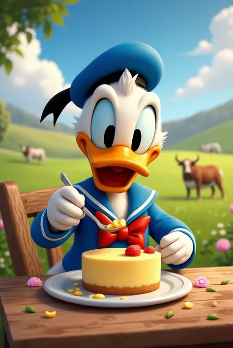 Donald Duck eating a gaucho cheesecake