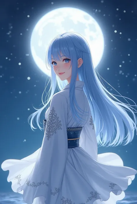 Light blue hair, long straight hair, white kimono, gray eyes, cheerful face, facing forward, moonlit night background, bangs, Pisces
