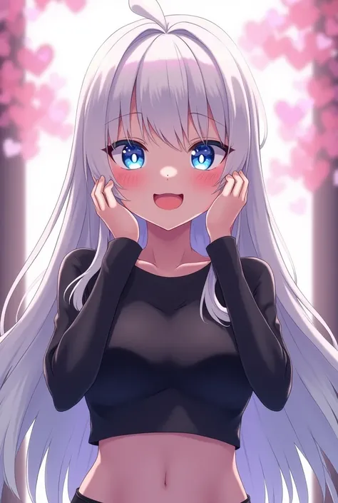 Cute yandere anime girl,,heart shaped pupils,,holding own face((withbothhands)),,big breasts,,breathing heavily,,heavy smile,,glowing blue eyes,,long white hair,,wearing a crocktop,,black choker with a heart shaped((masterpiece 4k resolution ))((giant brea...