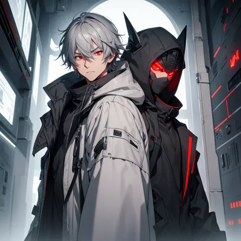 make a man with medium gray hair, black coat with hood and red eyes. will be in a futuristic setting 