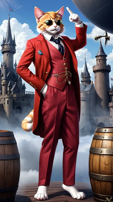 Create an ultra-realistic, high-definition image of a cat embodying Colonel Muska from Castle in the Sky. The cat should be adorned with Muskas signature sunglasses and a meticulously detailed red suit, complete with a crisp white shirt and a stylish jabot...