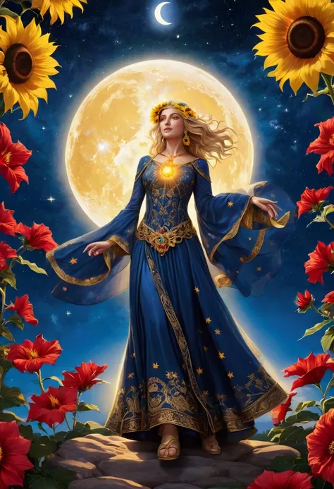 Description: The tarot cards &#39;The Sun&#39; and &#39;The Moon&#39; are placed side by side, surrounded by golden sunflowers and red hibiscus flowers. A deep blue, starry sky serves as the backdrop., as rays of sun and moon intertwine, Creating a perfect...