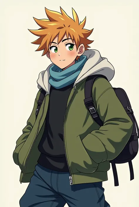 all-body, bionde, Athletic, adolescente Halfling, green colored eyes, blue scarf, white sweatshirt with green hood , Black boots, handbag, アニメ, 4K, epic