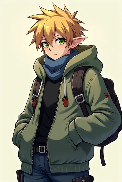 all-body, bionde, Athletic, adolescente Halfling, green colored eyes, blue scarf, white sweatshirt with green hood , Black boots, handbag, アニメ, 4K, epic