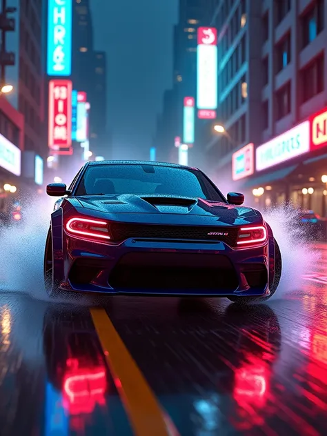 Dodge charger srt hellcat cop drifting chase, action shot, high speed, night life, heavy rain, lens flare, intricate, elegant, highly detailed, realistic, concept art, matte, sharp focus, hearthstone