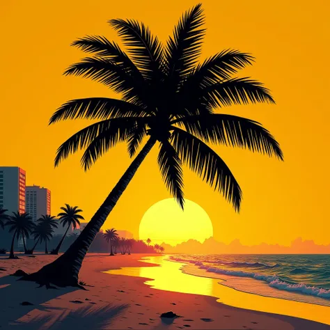 Black shadow of a Coconut on a beach in Vice City GTA, deep yellow sky