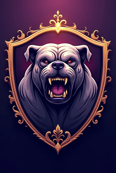 Create a perfect shield for a football team called Barbalho GBC in Portuguese, purple and gold colors, scary bulldog
