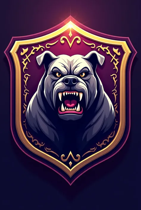 Create a perfect shield for a football team called Barbalho GBC in Portuguese, purple and gold colors, scary bulldog
