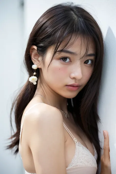 (Highly realistic photos, High resolution, Detailed face, Beautiful Eyes), ((Photographed in front of a white wall))、Japanese women, 20-year-old, ,A little dark, alone:1, Slim figure, ponytail, Casual clothing, one in the photo、See through、Photographed in ...