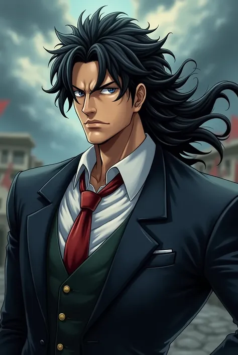 A close-up of the face of the revolutionary Dragon, a character from One Piece。
He has black hair and wears a suit

