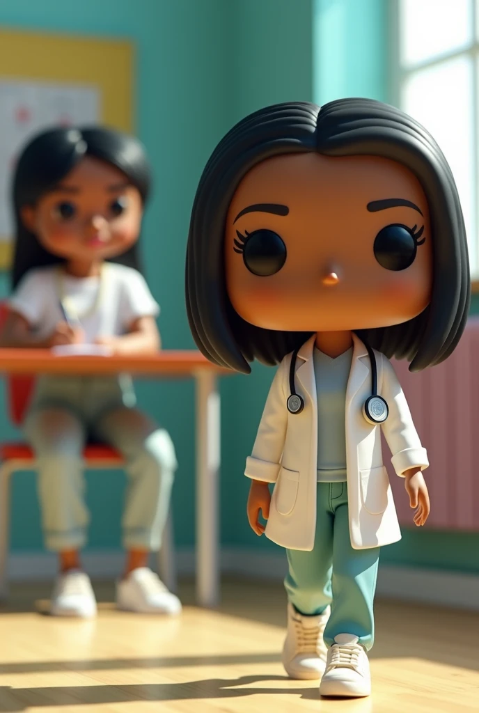 Believe me, a funkopop girl dressed as a doctor walking horizontally to the right and behind her a girl studying with light jean pants and a white short-sleeved sweater, cream Adidas sneakers and a cream backpack with chocolate , both with these characteri...