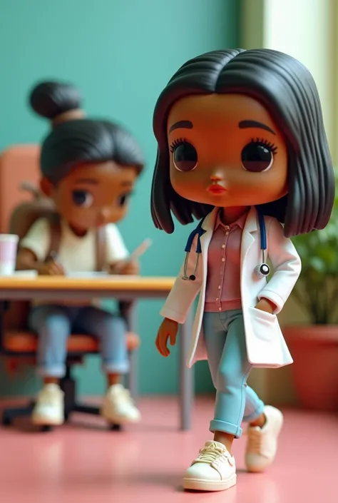 Believe me, a funkopop girl dressed as a doctor walking horizontally to the right and behind her a girl studying with light jean pants and a white short-sleeved sweater, cream Adidas sneakers and a cream backpack with chocolate , both with these characteri...