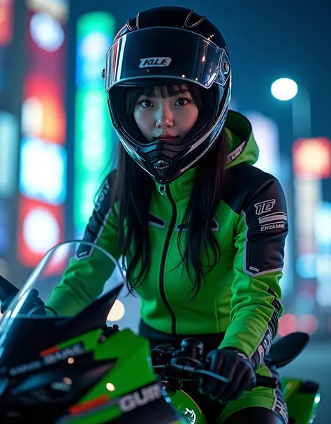 very beautiful Japanese high school girl, about to Ride on a off-road motorcycle, at off-road racing course at night, amazing view of skyscrapers, dramatic scene, masterpiece, (face focus:1.3), clear helmet visor, (beautiful eyes:1), Kawasaki off-road bike...