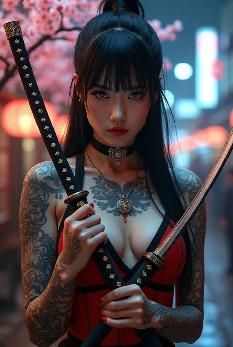 (photorealism:1.2), beautiful woman, korean pale skin, tattooed on her whole body up to the neck, natural blue eyes, pinned straight black hair, mature woman, yakuza, japanese, katanas in hands