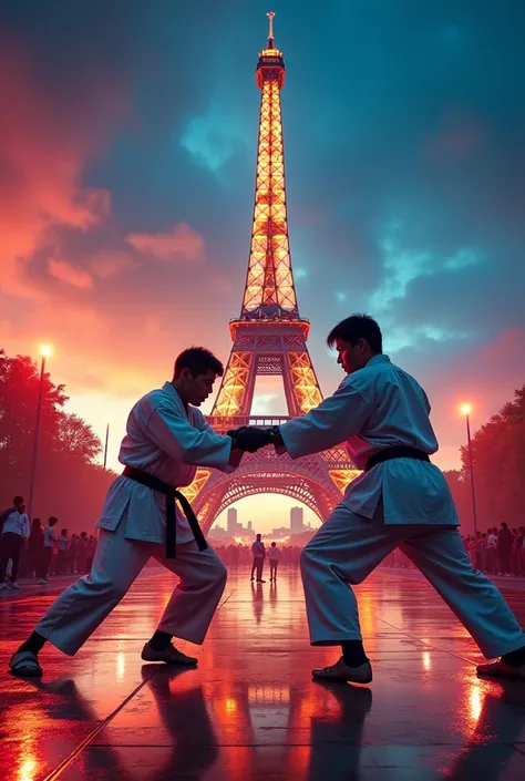 In the Paris Olympics, 2 karatekas are wet with sweat are fighting fiercely in an arena front of the Eiffel Tower watched by enthusiastic spectators. Facing camera 