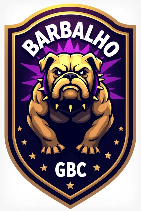 Create a shield for a football team called Barbalho GBC in Portuguese, purple and gold colors, bulldog
