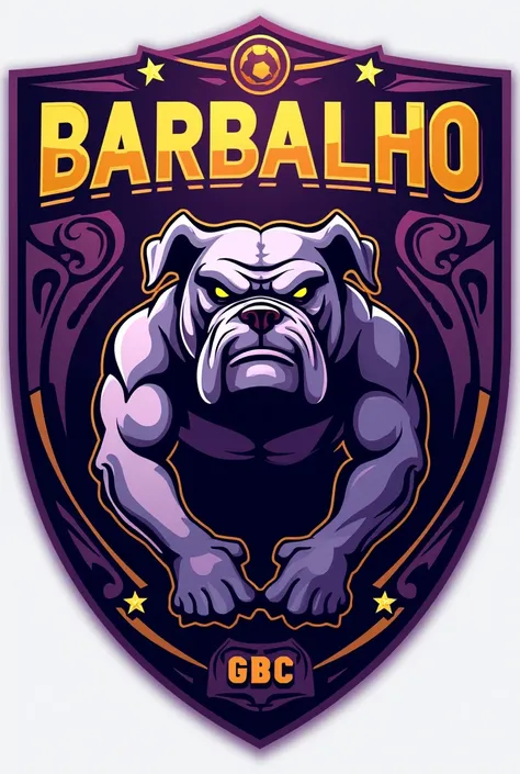 Create a shield for a football team called Barbalho GBC in Portuguese, purple and gold colors, bulldog
