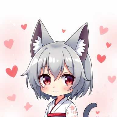 One Woman,Gray Hair,Cat ear,((Chibi Character)) Heterochromia iridis,Eye color,red,White kimono,Star Iris Background(Heart Background,Lots of hearts,pink,Watercolor style) Crying face,Enter your text in the bottom right corner of the fantasy image,A very p...