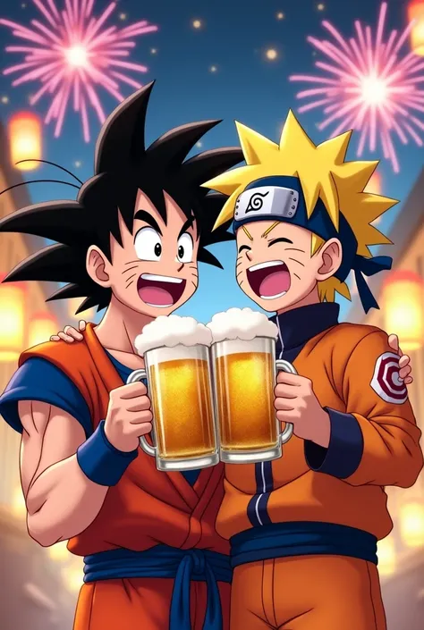 Goku and Naruto hugging and drinking beer 