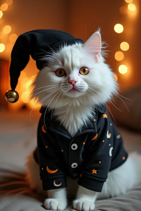 WHITE CAT WITH BLACK AND PAJAMAS AND A CUTE HAT