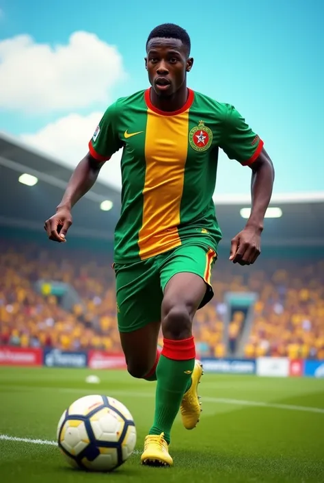 Create a Cameroonian footballer who is young, tall and strong 