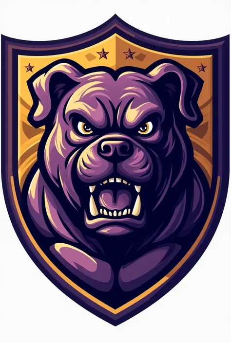 Create a shield for a football team called Barbalho GBC in Portuguese, purple and gold colors, bulldog
