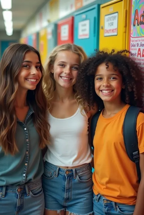 A trio of girl students, a white woman with black eyes, straight chocolate colored hair, another white dark blonde curly hair, and a white woman with brown eyes and curly hair 