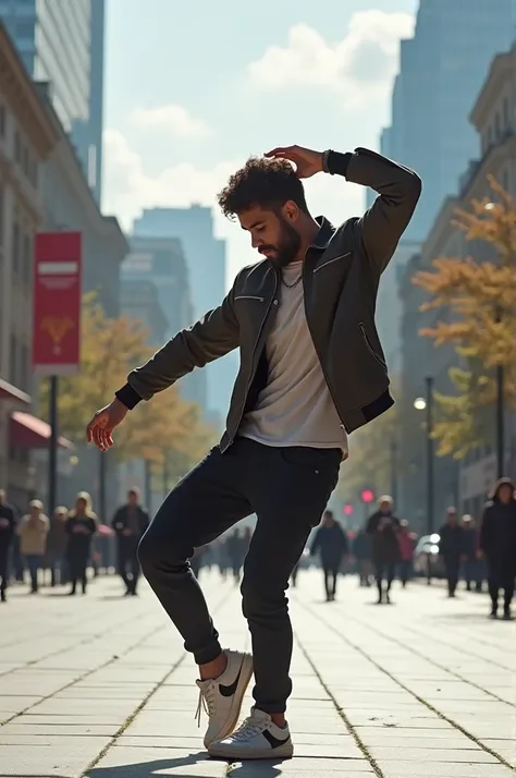 a guy dancing hiphop in a square during the day