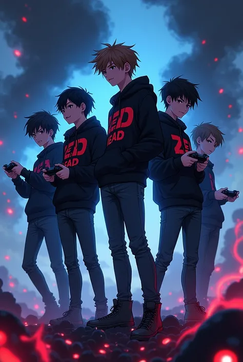 A squad of teen boys holding a PlayStation 5 controllers each ,anime style, while standing on a while standing on a shadow people, wearing a skinny jean,black hoodie written Z.E.D DEAD,dark smoke arising in the background,with small glowing eyes with blue ...