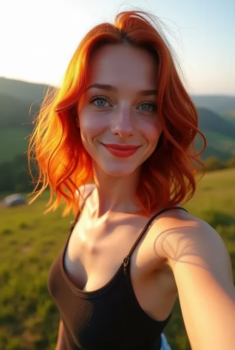 A woman from Europe, age 25, redheadwear, long hair just below the shoulders, white, blue colored eyes, medium red mouth, small-nose, medium bust, Waist slender, wide hip, paisaje, facing the front, Selfie