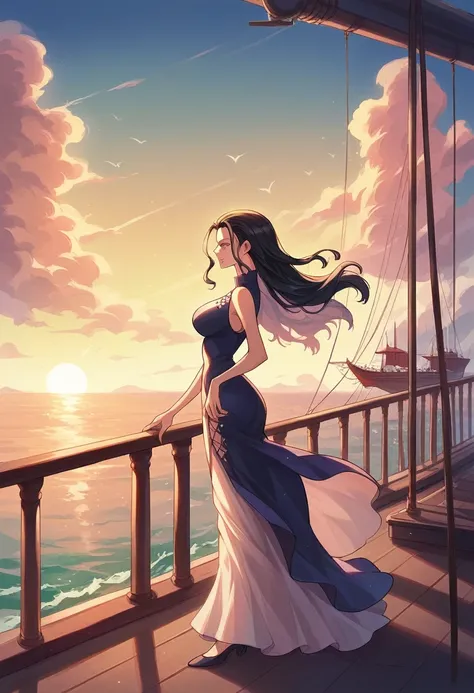 Nico Robin is walking on the deck of a ship, viewed from a side angle. The scene is beautifully illuminated, with a backdrop of a sparkling sea and a sky filled with the vibrant colors of sunset or sunrise. The ship features intricate design details, stand...