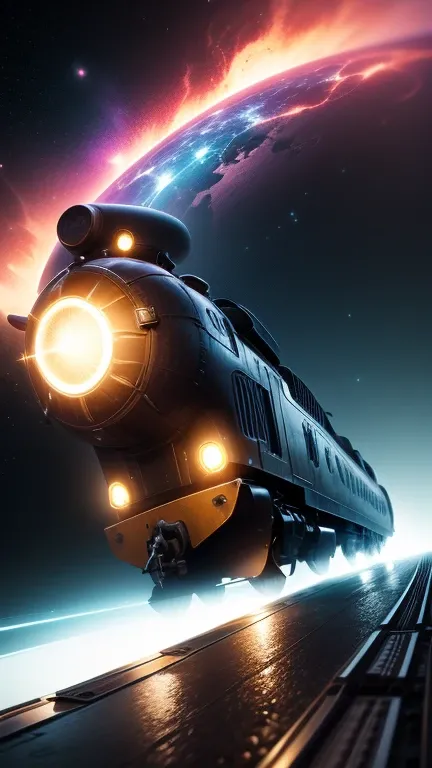 Fantasy，8k,Extremely detailed, masterpiece,High resolution,Highest quality,Increase the resolution,Cinema Lighting,Different space，4 dimensional world，Galaxy Express 999，steampunk，steam locomotive，Maneuvering with Ether，30-car train、Transparent rails leadi...