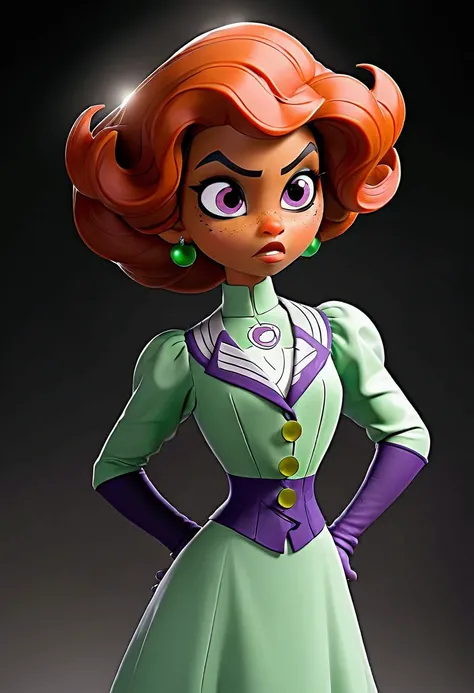 Starfire (Teen Titans Go) as a slutty 13yo teenage redhead Gibson Girl. Year 1904. Purple 1900_dr3ss and hat. Big green eyes. Thotty demeanor. Hourglass figure 