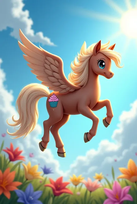 Pegasus pony, female, brown skinned, lily, black eyes and tails, e tem uma cutie Mark de cupcake cor de rosa. 