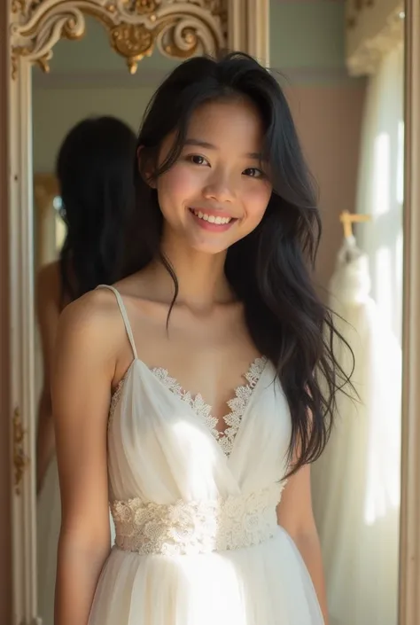 16 year old girl trying on white dress
Black hair selfie, feathered haircut