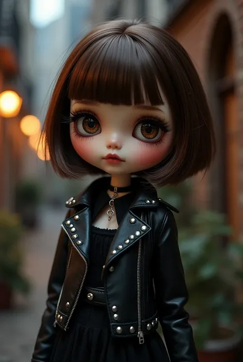 Create a blythe doll with pale skin, dark brown eyes, brown hair with short bangs and a wolfcut, large eyelashes and a sad expression on her face, with dark style clothes 