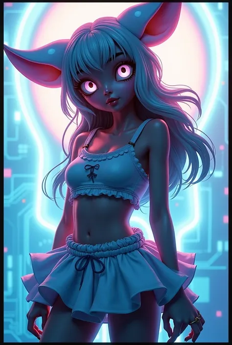 (霓虹Light bulb)，circuit board，colored nipples，cores luminescentes，Light bulb，Kizi，looking at the camera，slime Kizi，Flowy shorts，towards the wall，grandes olhos redondos，enchanting，(ultra HD, work of art, precise, anatomically correcte, texturized skin, high ...