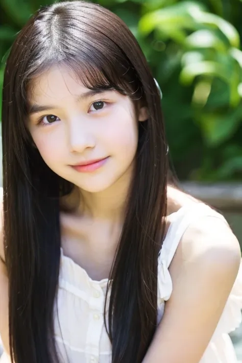 long black hair, 15 years old, droopy eyes, fair skin, cute idol